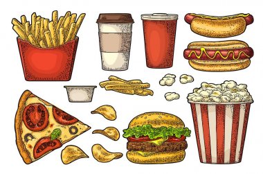 Fast food hazırla. Kahve, hamburger, pizza, sosisli sandviç, kızarmış patates, patlamış mısır.