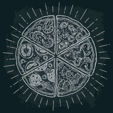 Dilim pizza Pepperoni, Hawaii, Margherita, Meksika, deniz ürünleri, Capricciosa. Oyma