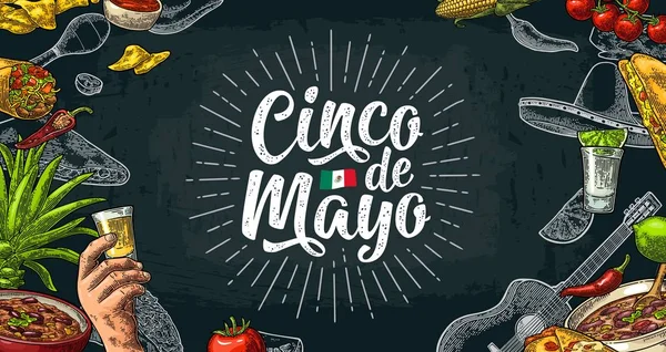 Lettrage Cinco de Mayo et nourriture traditionnelle mexicaine — Image vectorielle