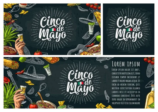 Cinco de Mayo napis i tradycyjne potrawy kuchni meksykańskiej — Wektor stockowy