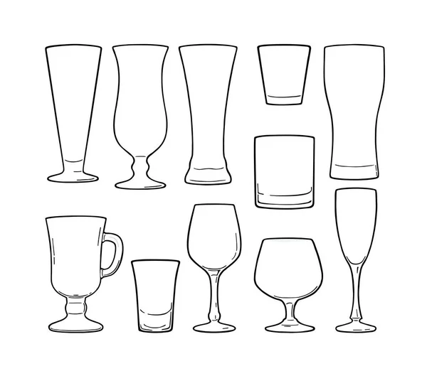 Set leeres Glas Bier, Whisky, Wein, Gin, Rum, Tequila, Champagner, Cocktail — Stockvektor