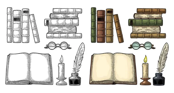 Установить образование. Чернильница с пером, кучей книг, стаканов, свечей . — стоковый вектор