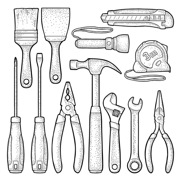 Establecer herramientas de hardware. Grabado vectorial — Archivo Imágenes Vectoriales