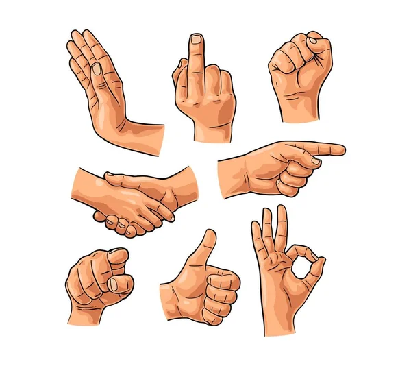 Manlig hand tecken. Fist, som, handslag, Ok, peka finger — Stock vektor