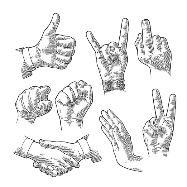 Αρσενικό και θηλυκό σύμβολο χέρι. Γροθιά, όπως, επισημαίνοντας, σύκο, Rock Roll. — Διανυσματικό Αρχείο