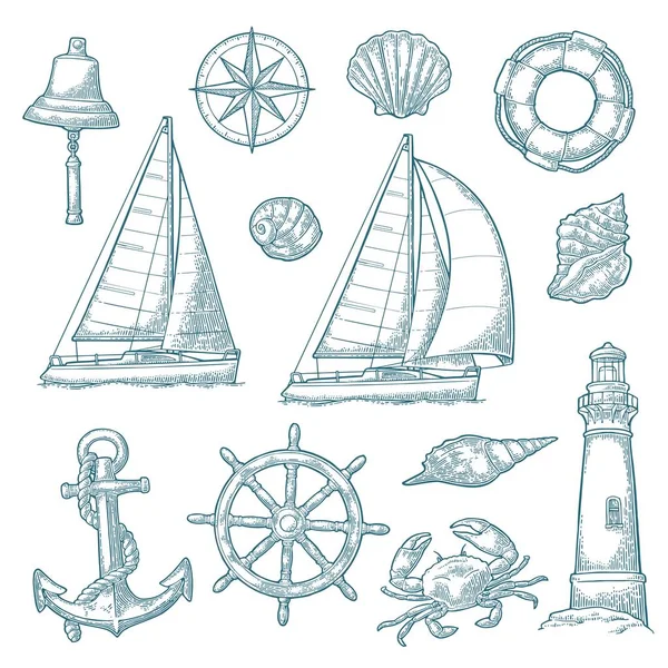 Anker, wiel, zeilschip, kompas rose, schelp, krab, vuurtoren gravure — Stockvector