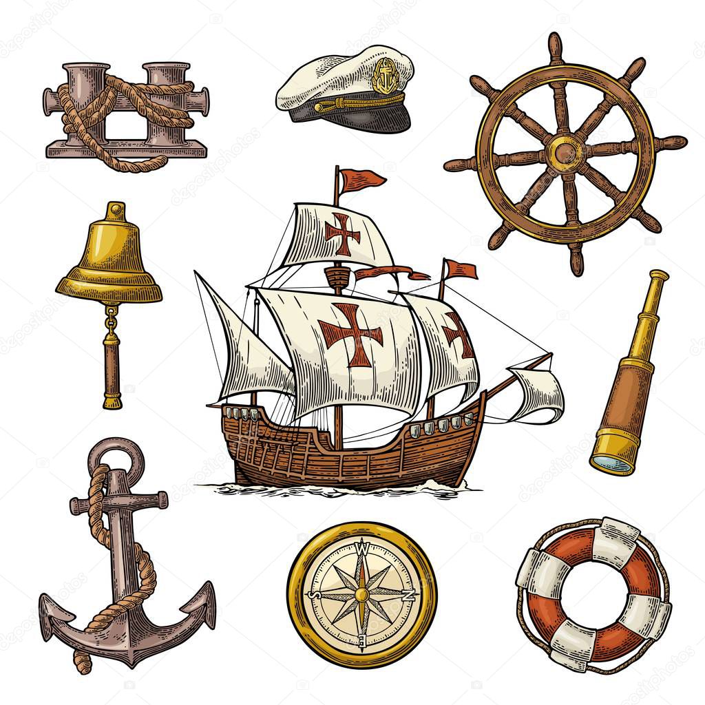 Anchor, wheel, sailing ship, compass rose, spyglass, lighthouse engraving