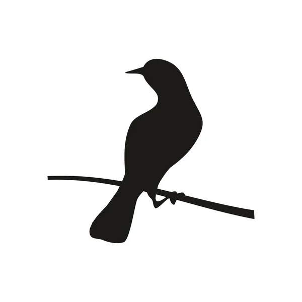 Pássaro empoleirado em um ramo e segurando a baga. Ícone preto vetorial — Vetor de Stock