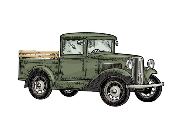 Retro pick-up truck. Zijaanzicht. Vintage zwarte gravure — Stockvector