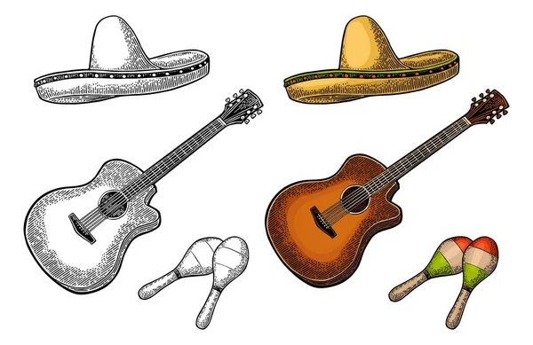 Ställ för affisch mexikanska karneval. Gitarr, maracas och sombrero. — Stock vektor