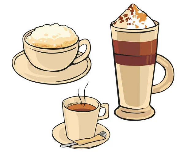 Café, capuchino, café con leche, espresso, plato, taza, cuchara. Ilustración vectorial — Vector de stock
