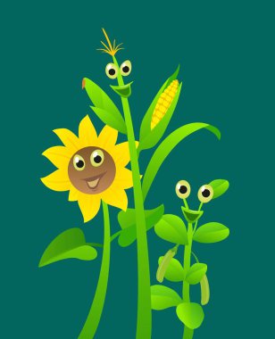 Mısır, bezelye, ayçiçeği. Komik çizgi film karakteri. Vektör düz çizim.