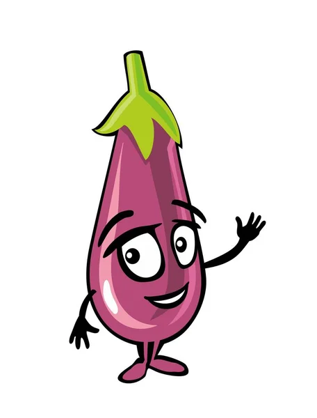 Il cartone animato di melanzane sorride e agita la mano. Illustrazione piatta a colori — Vettoriale Stock