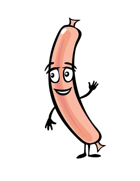 Sausage cartoon smiles and waves his hand. Color vector flat illustration — Stock Vector