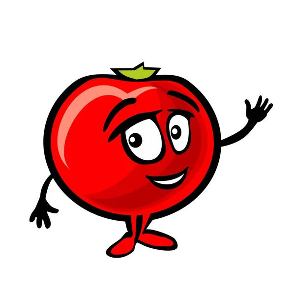 Pomodoro cartone animato sorride e agita la mano. Illustrazione piatta a colori — Vettoriale Stock