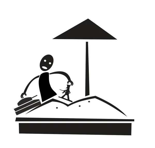 Niño jugando en el hoyo de arena con juguetes en la guerra. Ilustración vectorial plana . — Vector de stock
