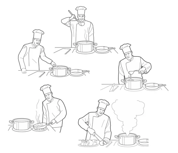 Proces gotowania z postaciami szefa kuchni przy stole w restauracji kuchnia wnętrz wektor ilustracja. Czarny na białym tle — Wektor stockowy