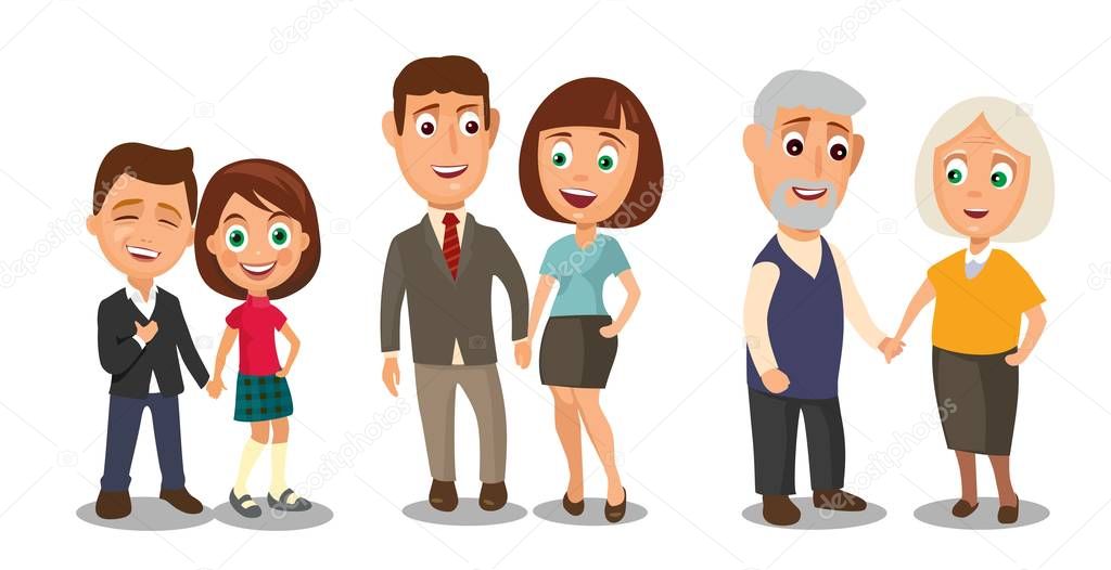 Set generations couples holding hands. Different ages from child to old people. Color flat vector illustration isolated on white background