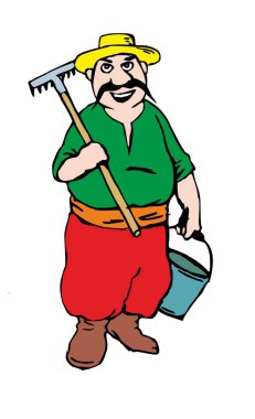 Çiftçi ayakta tutan komisyon ve metal kova. Beyaz arka plan üzerinde izole. Düz vektör çizim