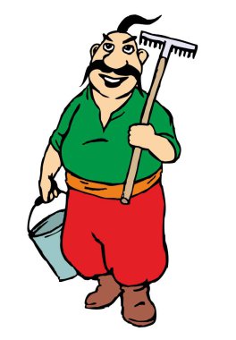 Çiftçi ayakta tutan komisyon ve metal kova. Beyaz arka plan üzerinde izole. Düz vektör çizim