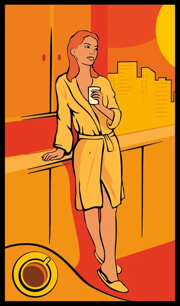 Kvinna i badrock dricka kaffe hem kök. — Stock vektor