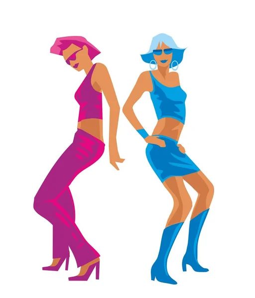 Twee mooie vrouwen die dansen in de disco in modieuze sexy mini-jurkjes. Platte vectorillustratie — Stockvector