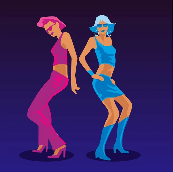 Twee mooie vrouwen die dansen in de disco in modieuze sexy mini-jurkjes. Platte vectorillustratie — Stockvector