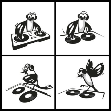 Kulaklıklar giyen ve bir kayıt turntable tırmalamak kuş Dj.