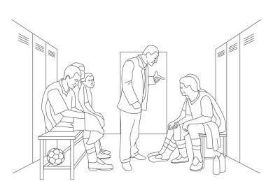 Coach berates team in dressing room. football players sitting on the bench. vector Coach berates team in dressing room. football players sitting on the bench. vector