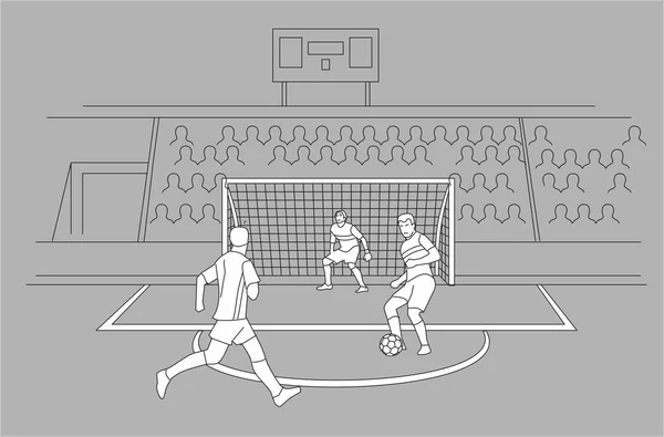 Fotbollsspelare försvara grindarna. Åskådare sitter på läktaren på stadion. Svart vektorillustration på grå bakgrund — Stock vektor