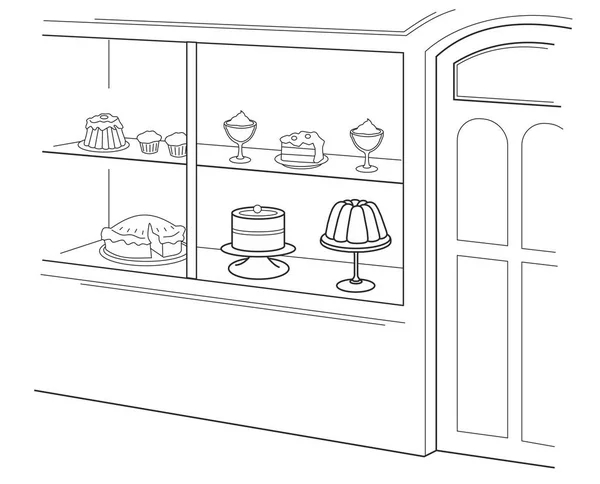 Bakkerij winkel met taart. Zwarte vectorillustratie — Stockvector