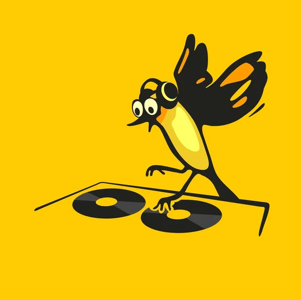 Flying Bird DJ usando fones de ouvido e riscando um recorde na plataforma giratória . — Vetor de Stock