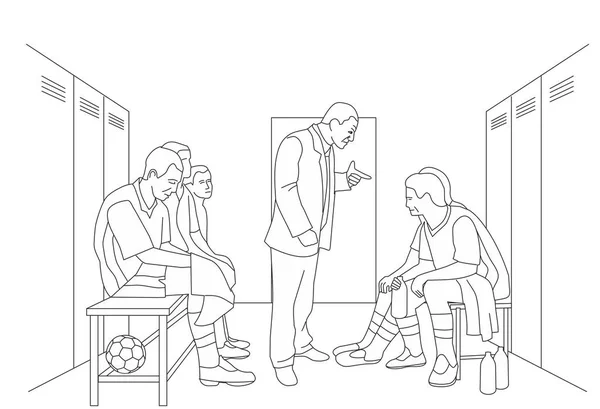 L'entraîneur réprimande l'équipe dans le vestiaire. joueurs de football assis sur le banc . — Image vectorielle