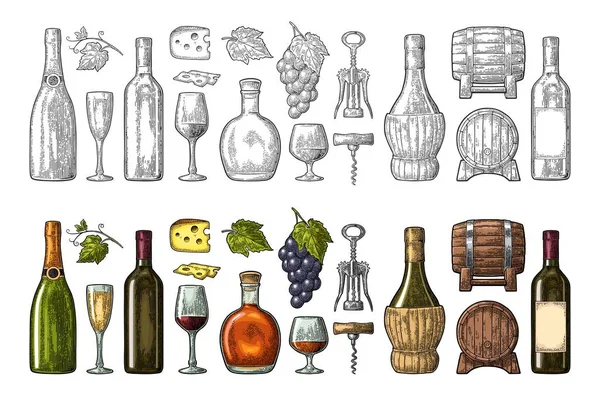 Definir bebidas feitas de uvas. Vinho, brandy, champanhe — Vetor de Stock