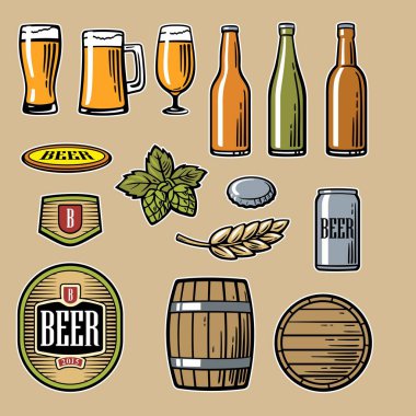 Bira vektör düz simgeler ayarla şişe, cam, varil bira bardağı
