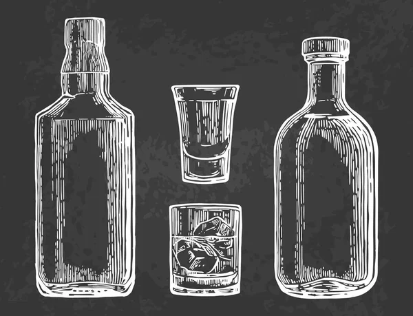 ウイスキーやテキーラ グラス、ボトル。ベクトル色の彫刻 — ストックベクタ