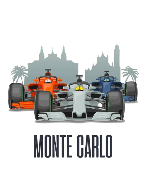 Cityline Monte Carlo och tre racerbilar på Grand Prix Monaco. — Stock vektor