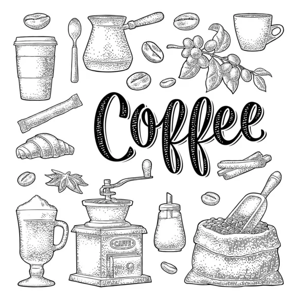 Ponle café. Azúcar, frijoles, vaso con leche. Grabado vectorial Vintage — Vector de stock