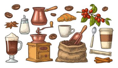 Kahve hazırla. Şeker, fasulye, kaşık, cam latte. Vintage vektör oymacılığı