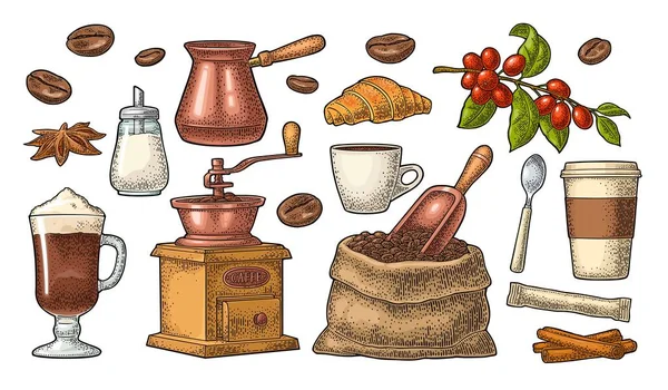 Набор кофе. Сахар, бобы, ложка, стеклянный латте. Винтажная векторная гравировка — стоковый вектор