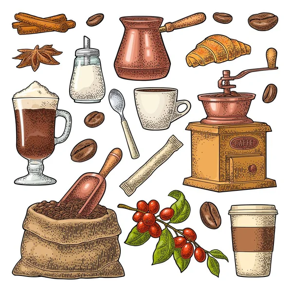 Ponle café. Azúcar, frijoles, cuchara, café con leche. Grabado vectorial Vintage — Vector de stock