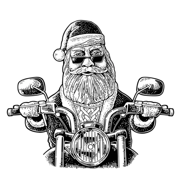 Święty Mikołaj na motocyklu. Wektor vintage czarny grawerowanie — Wektor stockowy