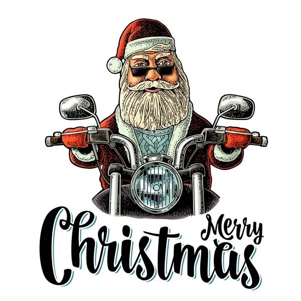 Santa Claus riding a motorcycle. Vector vintage black engraving — Stock Vector