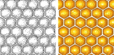 Honey Seamless Pattern with honeycomb. Vector engraving clipart