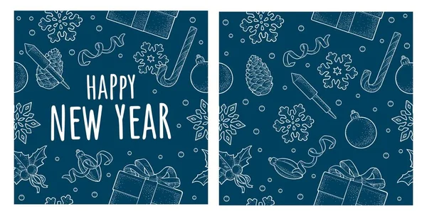 Seamless pattern Happy New Year. Vector vintage monochrome engraving — Stock Vector