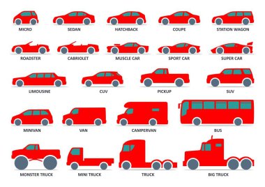 Araba türü simgeleri ayarlayın. Model otomobil. Siyah vektör çizim
