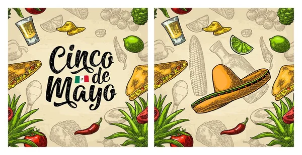 Wzór dania kuchni meksykańskiej oraz napis pisma Cinco de Mayo. — Wektor stockowy