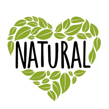 Doğal el yazısı harfleri. Yeşil yapraklar kalp şeklinde. Vektör illüstrasyonu