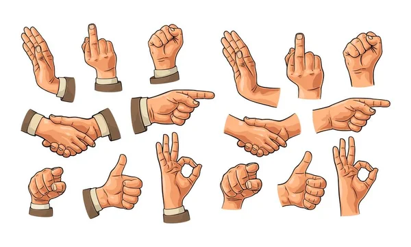 Znak męskiej dłoni. Pięść, jak uścisk dłoni, Ok, wskazywanie palcem — Wektor stockowy
