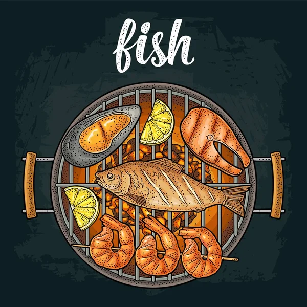 Gril s dřevěným uhlím, ústřicemi, krevetami, citronem, rybami. Ročník rytý — Stockový vektor
